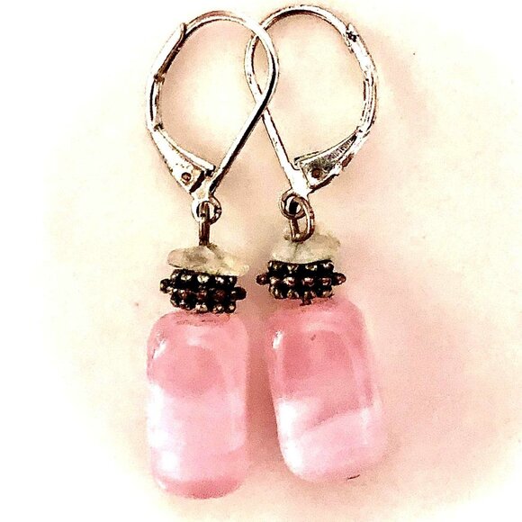 NWT ALEXANDRA'S ACCENTS Artisan Rose Quartz MOP Drop Earrings Silver Lever Back - Picture 2 of 4